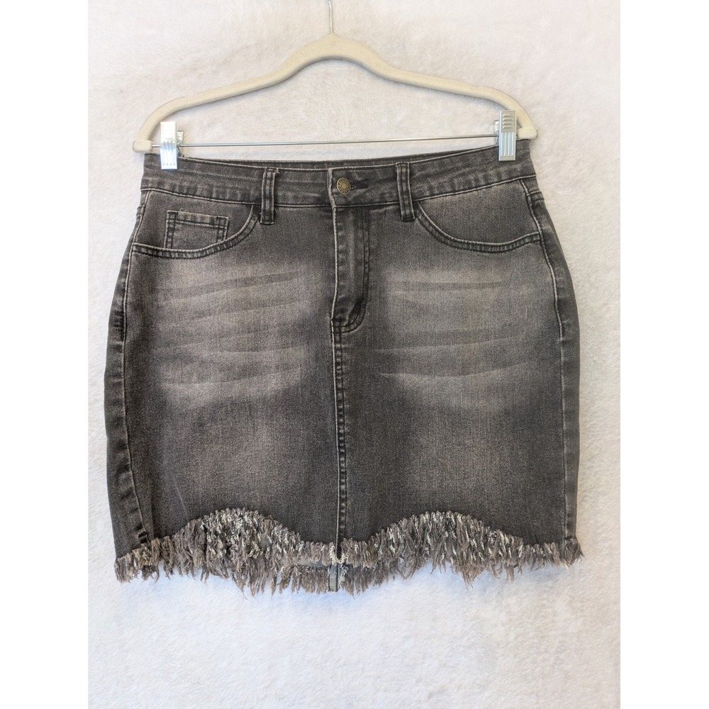 Luvamia Denim Skirt Women's Medium Gray Scalloped Fringe Hem Distressed Mini